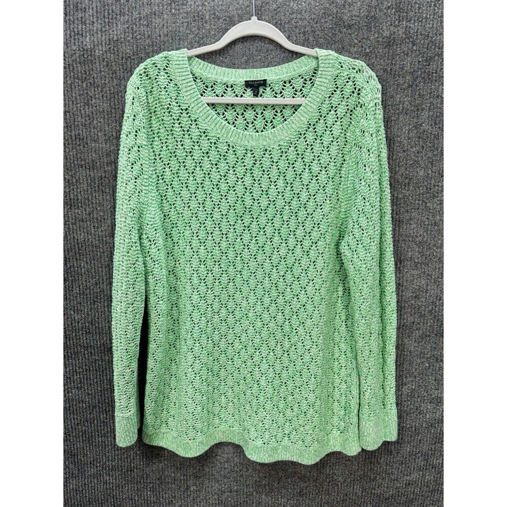 Talbots Open Knit Sweater Top Womens 2X Green Long Sleeve Pointelle Marl Crew